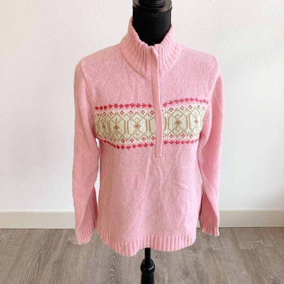 Vintage Columbia Quarter Zip Fair Isle Pink Wool Blend Sweater Womens Medium - Picture 1 of 7